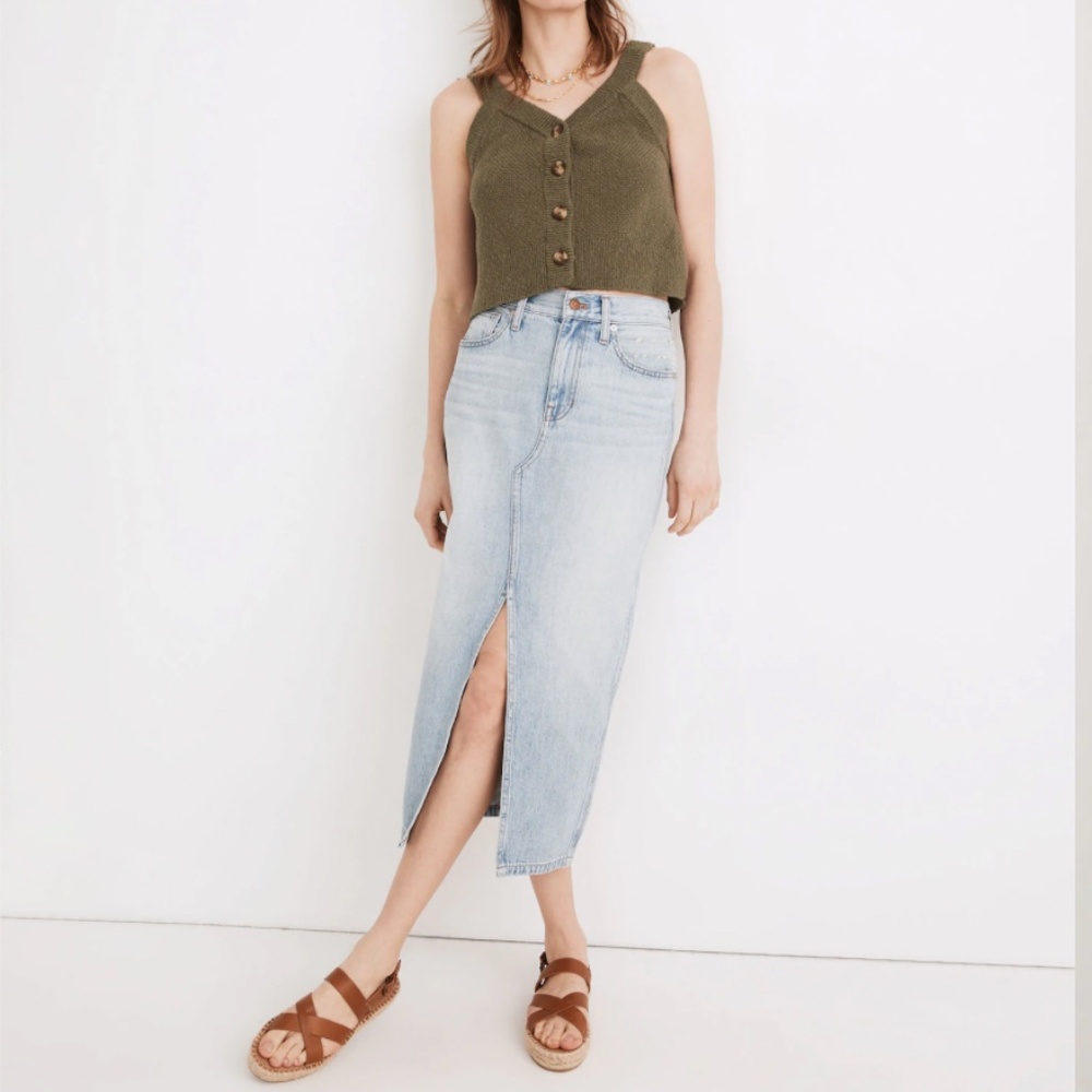 Madewell Rigid Denim A-Line Midi Skirt in Woodley Wash